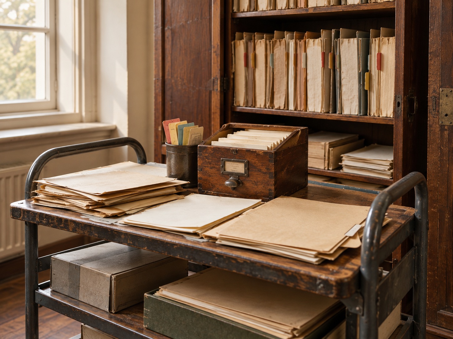 A library work cart with sorted folders, index cards, and an open archive cabinet